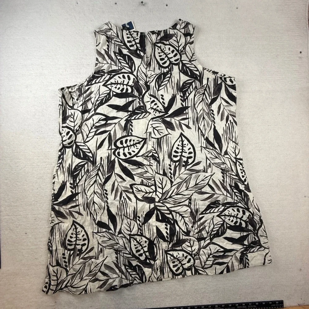 Tahari Womens 2X Black White Tropical Leaf Print 100% Linen Sleeveless Dress - Picture 7 of 8